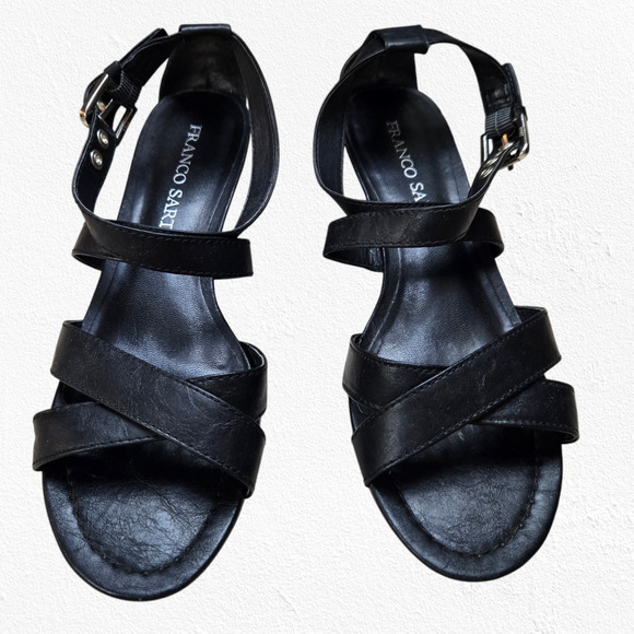 Franco Sarto Black Vegan Leather Strappy Open Toe Wedge Heel Sandals Size 7 - Picture 3 of 15